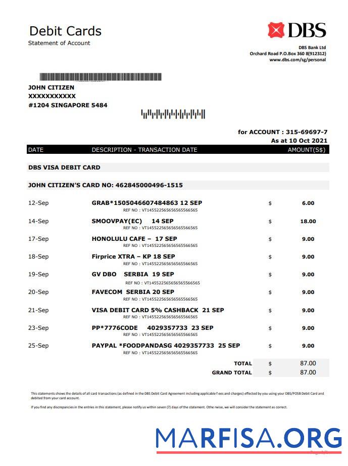 Printable Singapore DBS bank statement excel download for verification